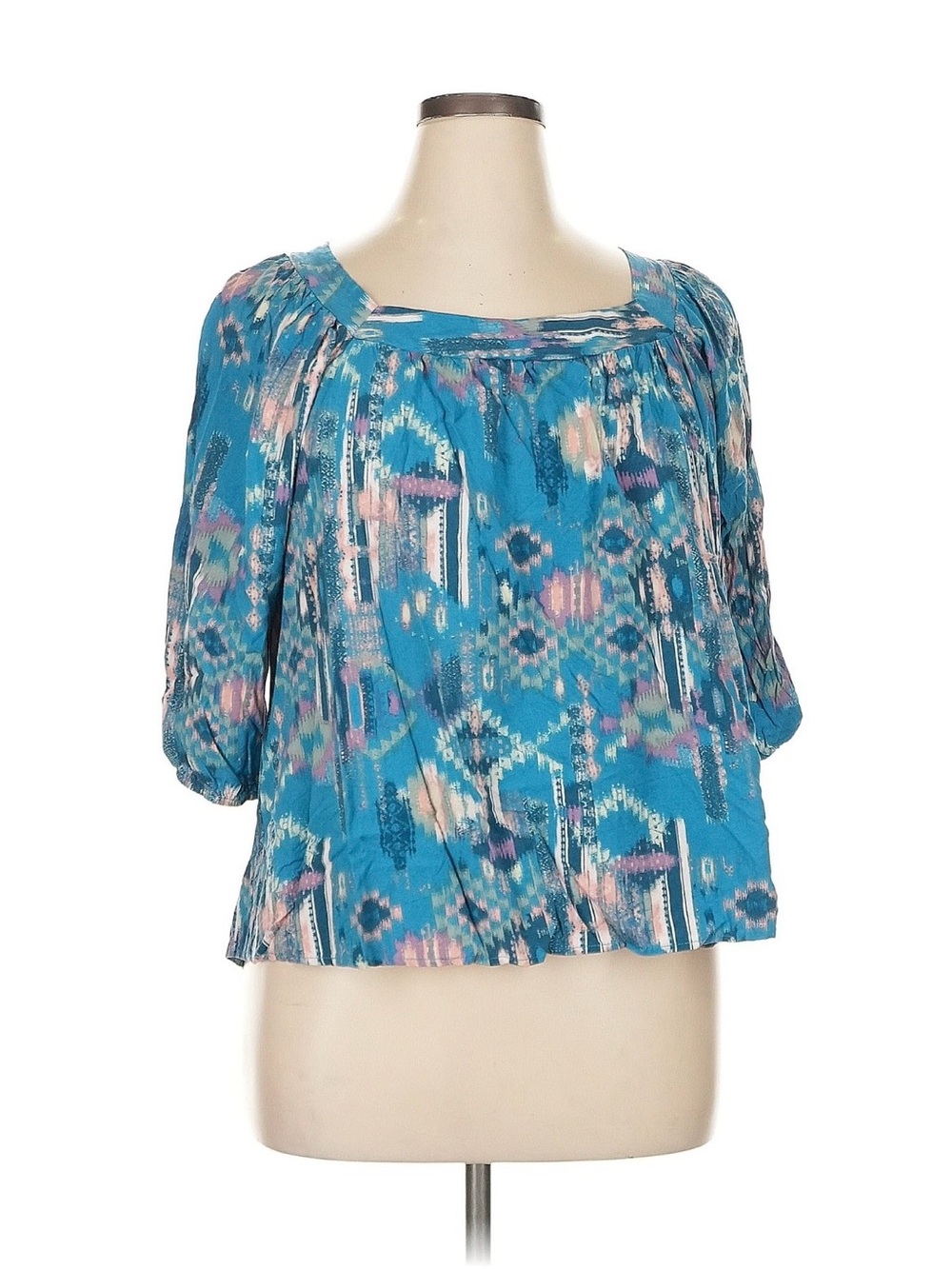 Southwest Print Blue Peasant Blouse